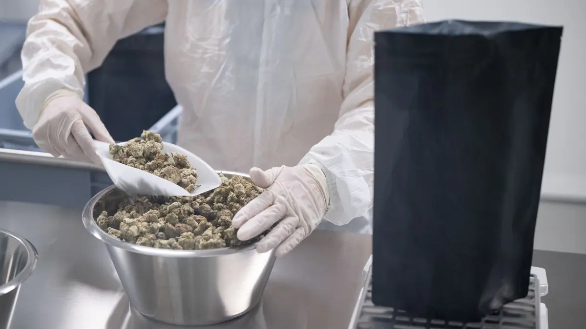 Eine Mitarbeiterin wiegt in einem Reinraum der Cansativa GmbH Medizinalcannabis in einen Beutel ab. Cansativa vertreibt Medizinalcannabis an Apotheken. (zu dpa: „Legalisierung light: Cannabis–Firmen zwischen Aufbruch und Ernüchterung»)