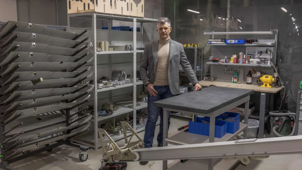 Skyeton drone-manufacturing company's Technical Director Maksym Levkivskyi poses at an assembly section for Raybird long-range surveillance drone at the company's factory, in the Kyiv region, on February 27, 2024, amid the Russian invasion of Ukraine. Skyeton is a drone-manufacturing hub for the Ukrainian armed forces, churning out unmanned aerial vehicles (UAVs) to support the country's defence against the Russian invasion. (Photo by Roman PILIPEY / AFP)