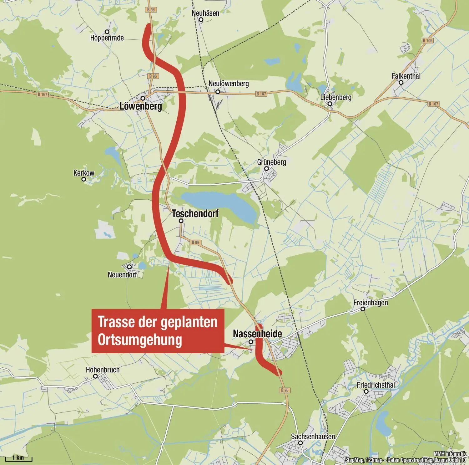 Trasse der geplanten Ortsumgehung B 96 um Nassenheide, Teschendorf und Löwenberg.