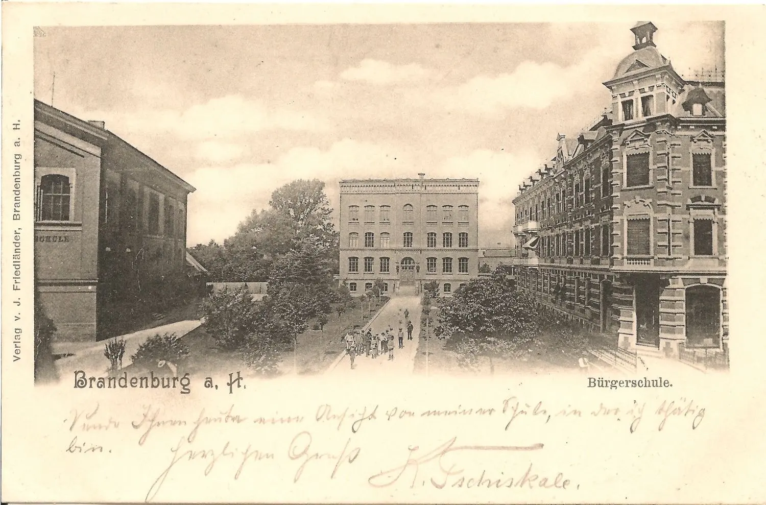 Der Wredowplatz mit der Bürgerschule laut einer im Jahr 1900 abgestempelten Ansichtskarte.