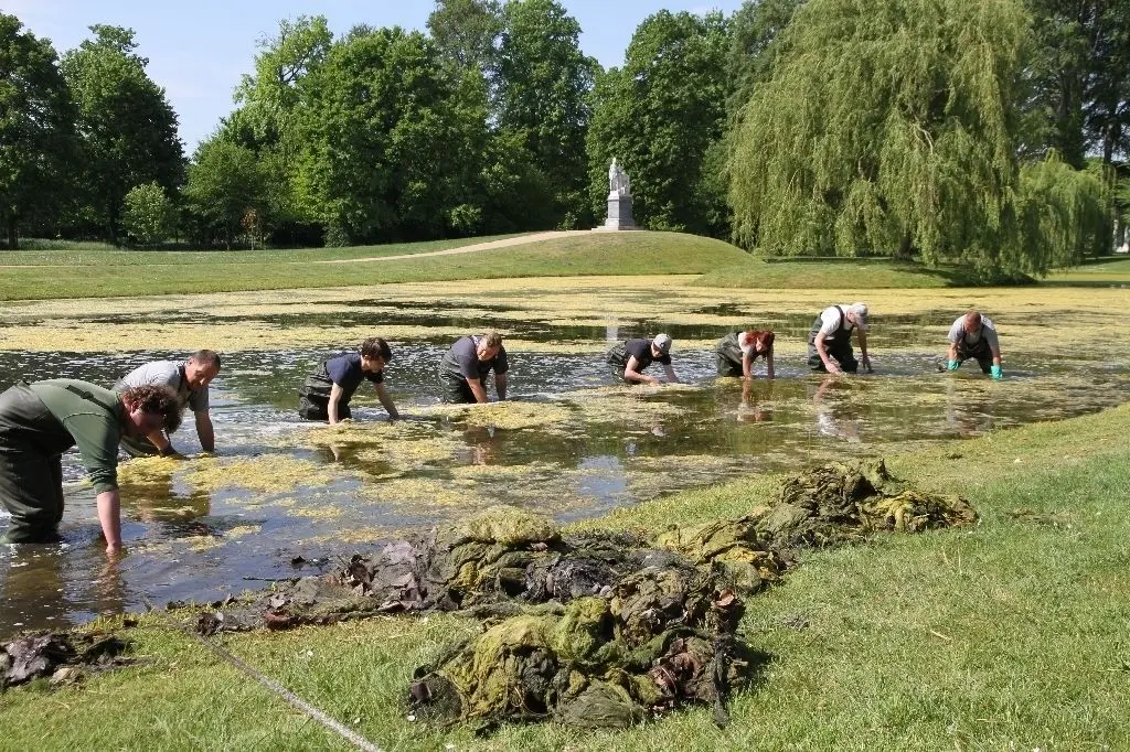 Alltag: Der große Teich wurde im Frühjahr von Chef-Gärtner Uwe Klamandt (2.v l.) und seinem Team von Algen befreit. Außerdem wurden die Koi-Teiche gereinigt, gab es an Bäumen und Grünflächen viel zu tun.