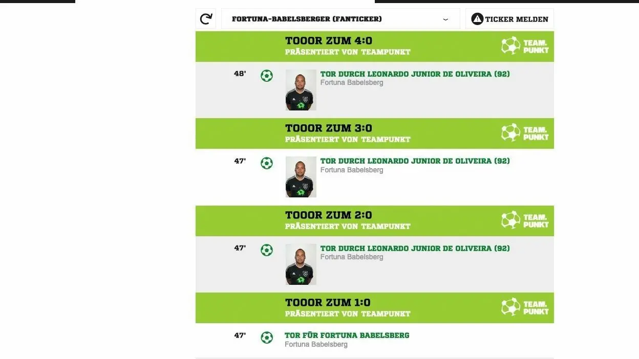Ticker bei fussball.de: Am 10. September sagte der Fortuna Babelsberg-Ticker den Nutzern, dass es 4:0 für Babelsberg durch vier Tore des eigenen Keepers Leonardo Junior de Oliveira steht.