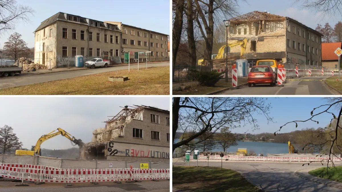 Fontaneheim Buckow: Schrittweise wurde der einstige Schandfleck am Eingang zur Kurstadt, die zusätzlich erstes Kneipp-Heilbad Brandenburgs werden will, vor einem Jahr abgetragen. Wie geht es weiter?
Collage Abriss Fontaneheim Buckow im Frühjahr 2021