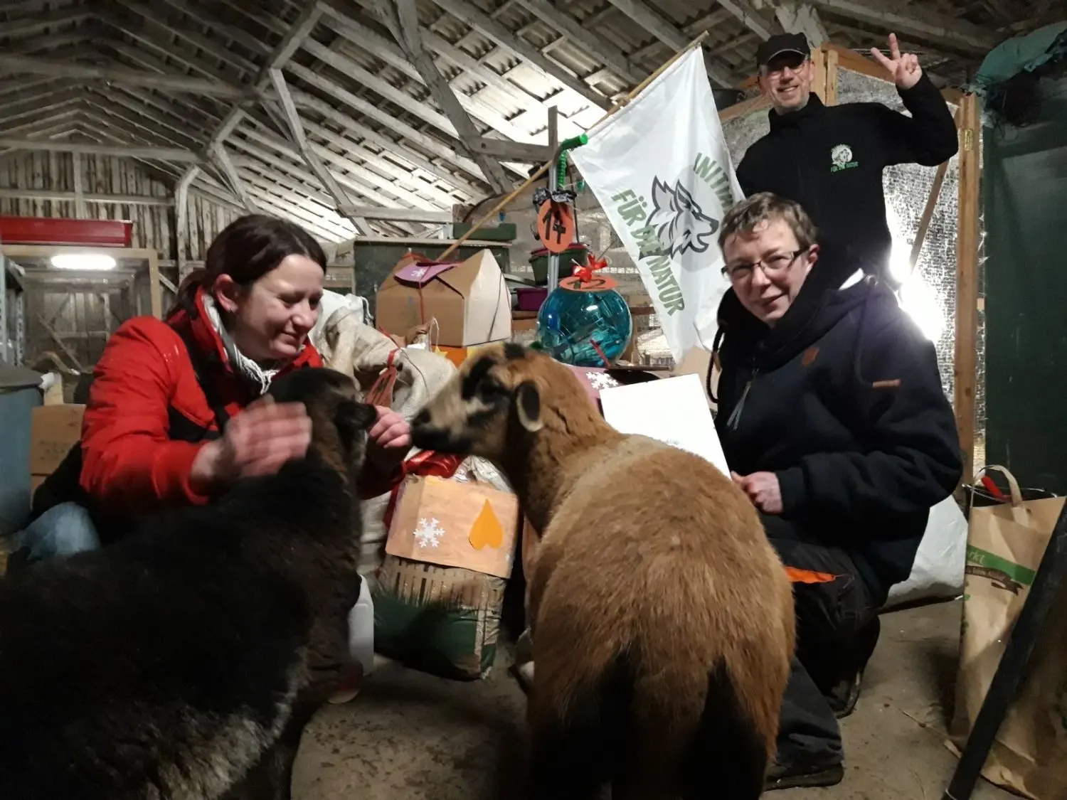 Mandy Warrad (l.) und Jürgen Hauschke übergaben an Peggy Schreiber vom Tierhilfe Hof Samtschnute die 24 Kalender-Päckchen, die von der Initiative für die Natur gesammelt, gepackt und übergeben wurden. Die Schafe halten es vor Neugierde kaum noch aus.