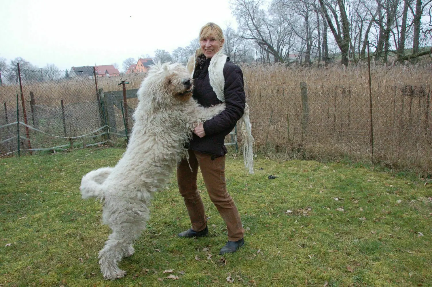 Fellschnitt veredelt: Angela Mans aus Angermünde mit den weißem Schal, den Heidrun Jürgens aus dem Fell von Hirtenhündin „Manci" gefilzt hat