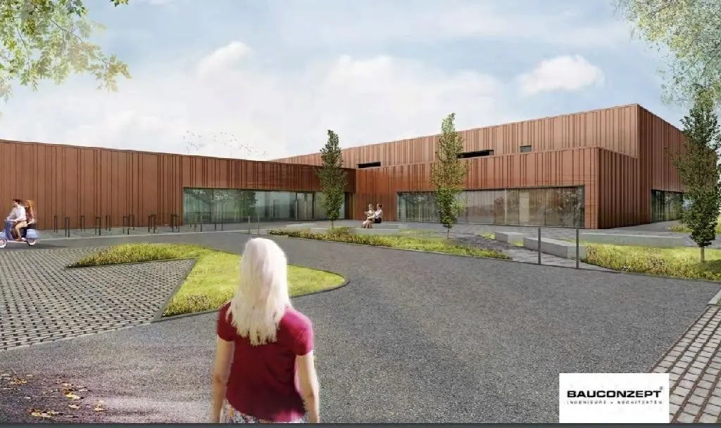 So könnte das Falkenseer Hallenbad von außen aussehen - sollte es denn gebaut werden. Es zeigt ein Visualisierung der Planung, für die auch eine Baugenehmigung vorliegt - also mit Saunabereich und Kegelbahn.