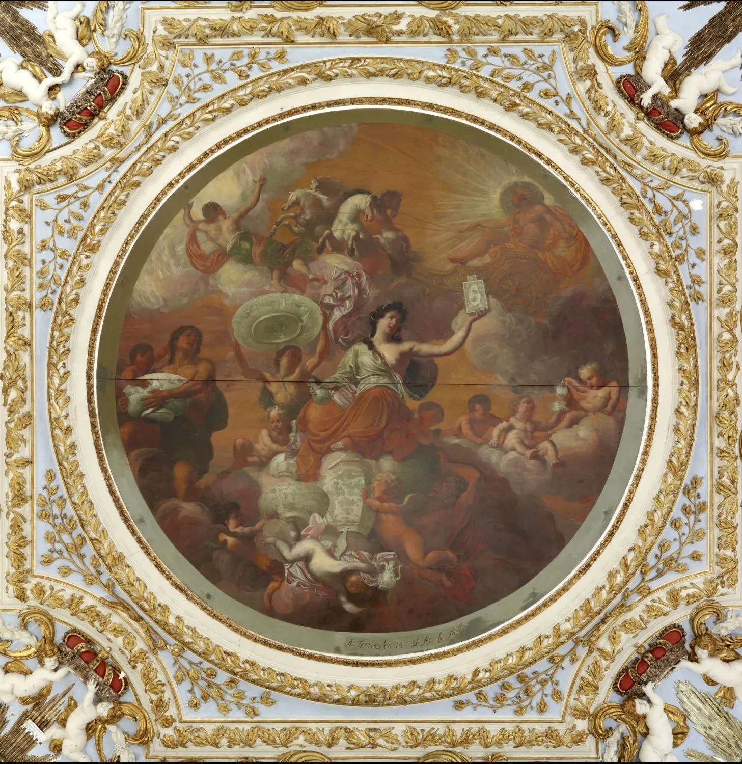Das zentrale Deckengemälde in der Kammer schuf Hofmaler Augustin Terwesten 1697. Es zeigt eine Allegorie auf die Einführung des Porzellans in Europa.