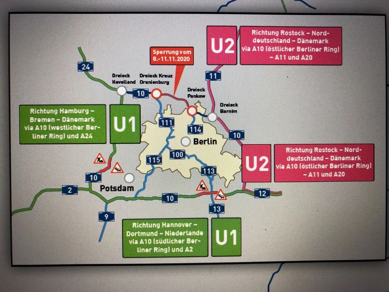 Mit dieser Grafik hoffen die Verkehrsplaner, den überregionalen Fernverkehr von der Baustelle fernhalten zu können. Die S-Bahn-Brücke zwischen Birkenwerder und Borgsdorf über den nördlichen Berliner Ring wird vom 8. bis zum 11.November erneuert. Da dafür die Autobahn gesperrt werden muss, wird mit einem Verkehrs-Chaos in der Region gerechnet. Die weiträumigen Umleitungen sind ausgeschildert.