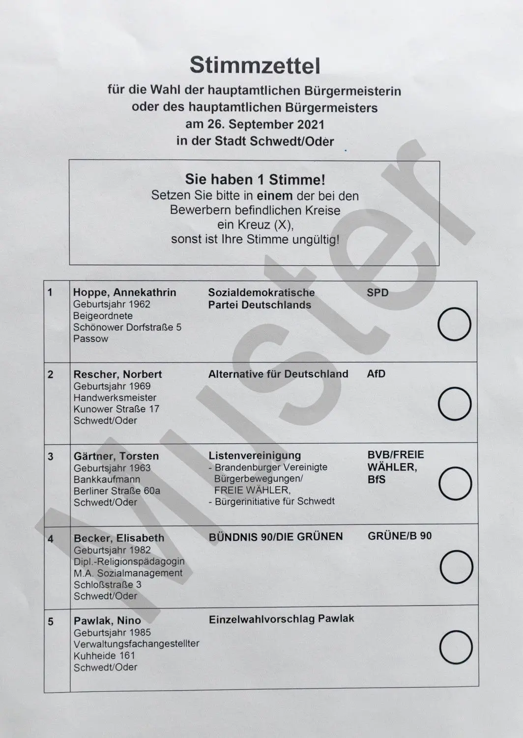 Stimmzettel: Zur Bürgermeisterwahl in Schwedt stehen fünf Kandidaten zur Wahl.