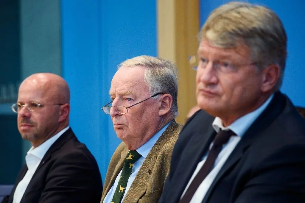 Andreas Kalbitz, Spitzenkandidat der AfD für Brandenburg (v. l.), Alexander Gauland (AfD), Fraktionsvorsitzender und Bundessprecher, und Jörg Meuthen, Bundessprecher der AfD