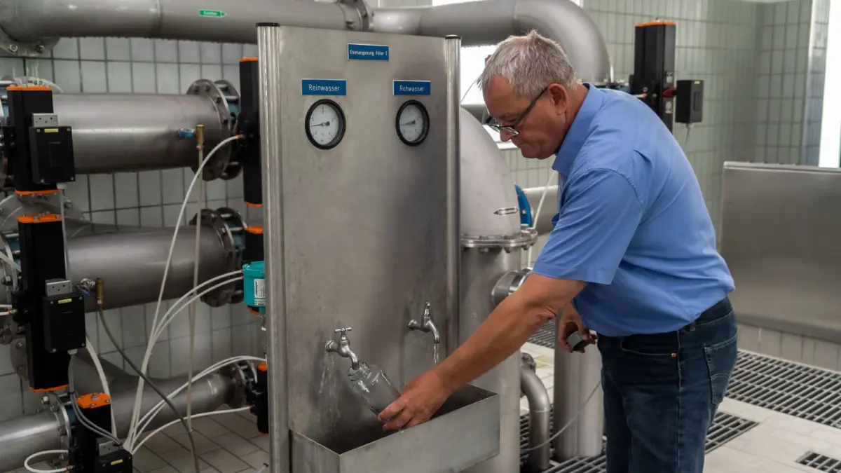 ZOWA-Chef Jens Arnold an der Probenentnahmestelle: Im Wasserwerk Görlsdorf bei Angermünde war ein Defekt aufgetreten, die Versorgung mit Wasser war daraufhin in der ganzen Stadt unterbrochen.
Schwedt, 14.07.2021: ZOWA-Chef Jens Arnold an der Probenentnahmestelle