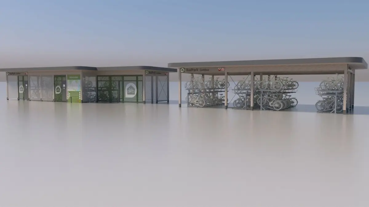 88 Fahrräder können in einem extra gesicherten Bereich abgestellt werden. Dafür wird eine Gebühr fällig.
Cottbus bekommt ein erstes Fahrradparkhaus. Das Land Brandenburg fördert Fahrradparkanlagen an zentralen Punkten des ÖPVN in modularer, nachhaltiger Holzbauweise. Landesweit stehen bis 2026 bis zu 14 Millionen Euro für mehr als 2.500 neue Stellplätze zur Verfügung. Zunächst werden 14 Modellvorhaben in 13 Städten und Gemeinden gefördert. Auch am Hauptbahnhof Cottbus wird ein „RadPark“ entstehen.