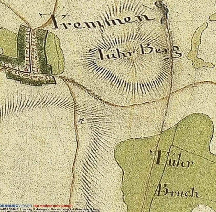 Der Thyrowberg wurde noch im 18. Jahrhundert als Thürberg bezeichnet. Auf diesem Kartenausschnitt steht "Tühr-Berg".