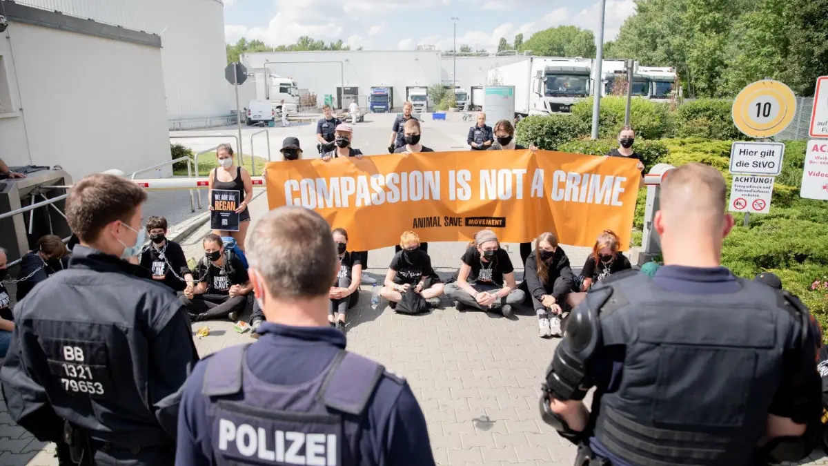 Tierschutzaktivisten blockieren von Polizisten umringt und teils angekettet die Einfahrt des Wiesenhof Schlachthofs in Niederlehme nahe Königs Wusterhausen.
18.07.2020, Brandenburg, Königs Wusterhausen: Tierschutzaktivisten blockieren von Polizisten umringt und teils angekettet die Einfahrt des Wiesenhof Schlachthofs in Niederlehme nahe Königs Wusterhausen. Sie halten ein Banner mit der Aufschrift "Compassion Is Not a Crime" (Mitgefühl ist kein Verbrechen). Foto: Christoph Soeder/dpa +++ dpa-Bildfunk +++