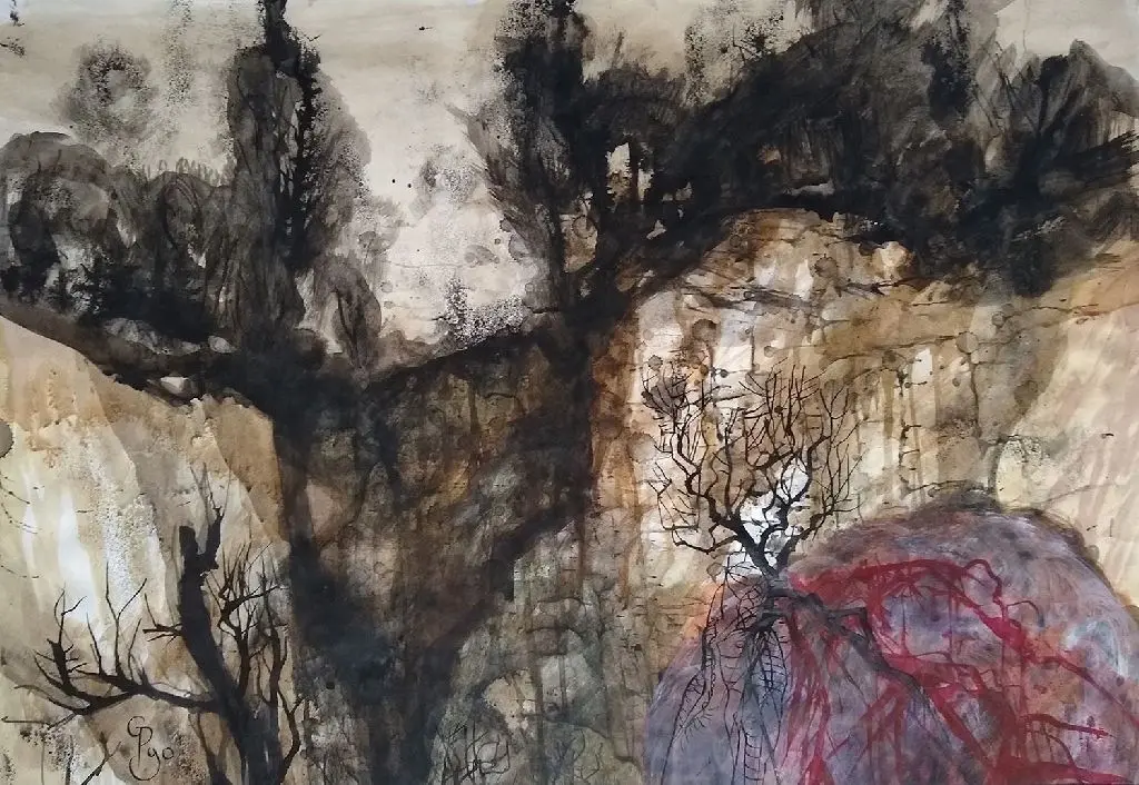 Expressiv: "Unbenannt (Landschaft)" – die farbige Tuschezeichnung schuf Gerhard Preuß 1990.