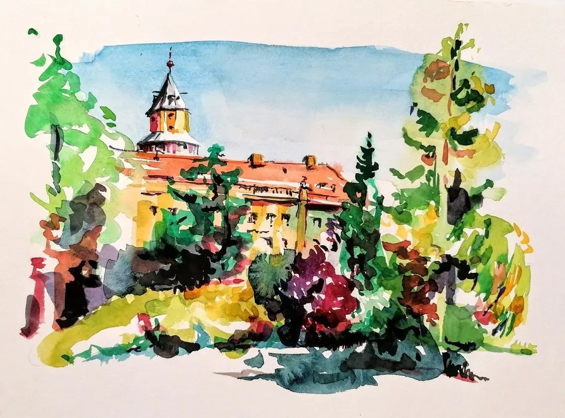 Hobbykünstlerin Carla Botzenhardt zeichnet das Wiesenburger Schloss in leuchtend-bunten Farben.