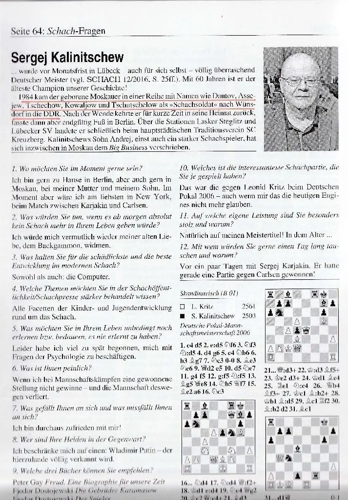 Interview mit Sergej Kalinitschew aus der Schachzeitung im Januar 2017.