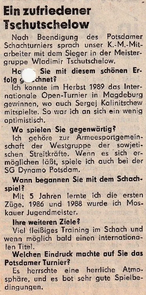 Interview mit Tschutschelow nach seinem Sieg beim Potsdamer Weihnachtsturnier.