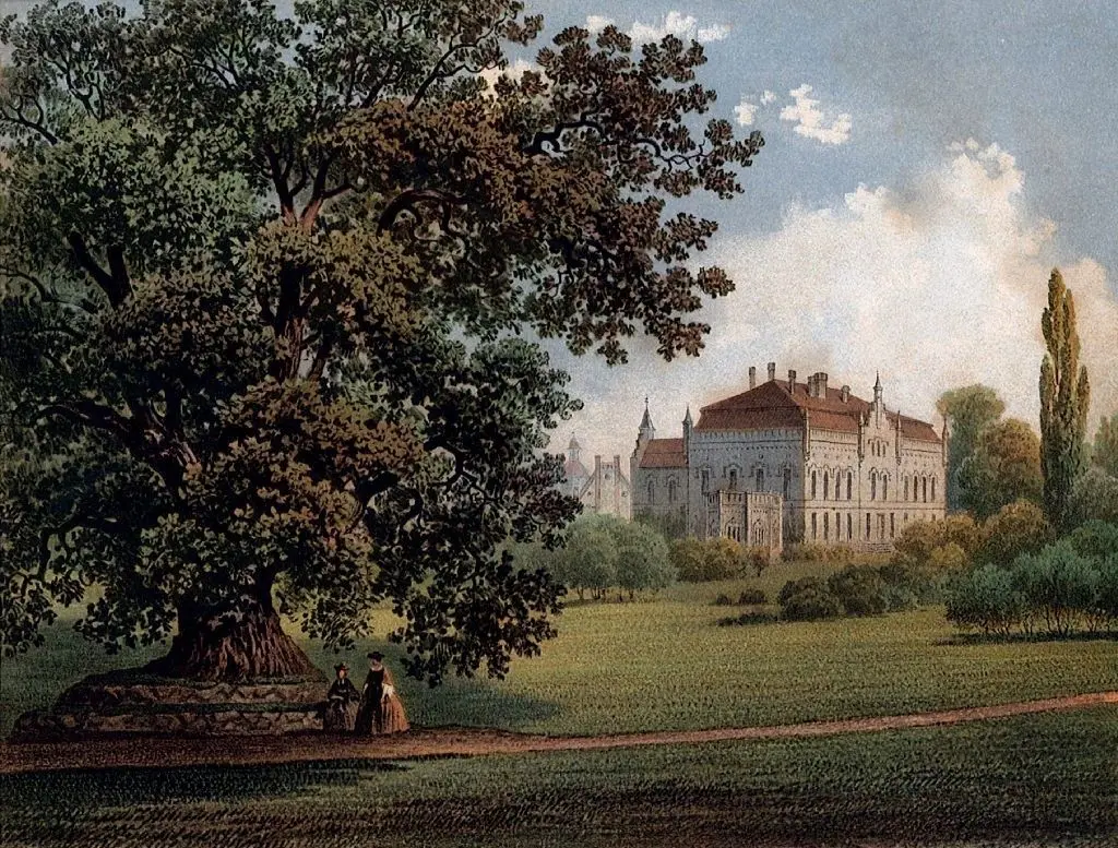 Blick zum Schloss Nennhausen: Zu sehen ist eine um 1860 entstandene Farblithografie von Alexander Duncker. Der Familienname von Briest war zu der Zeit bereits ausgestorben.