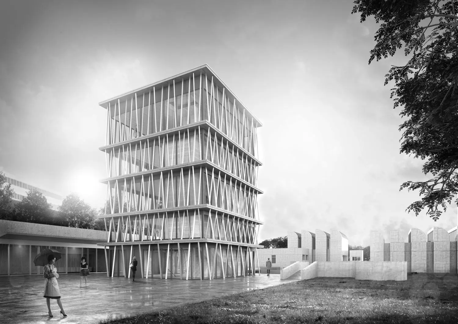 Der Entwurf der Staab-Architekten GmbH Berlin für das Bauhaus-Archiv in Berlin-Tiergarten sieht einen Glasturm als neues Eingangsgebäude vor.