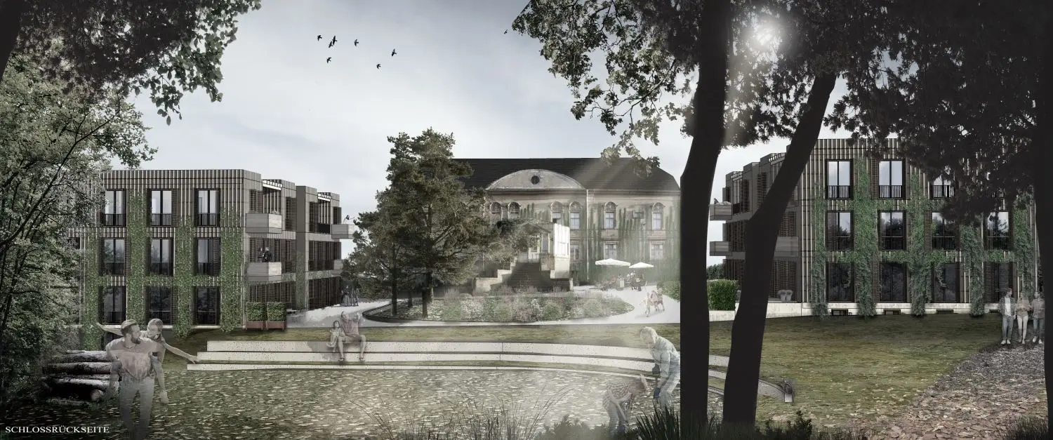 So könnte es mal aussehen: Planer und Architekten haben die Hinteransicht des Schlossgutes, wie sie es sich vorstellen, aufwendig visualisiert – mit dem früheren Gutshaus zentral im Hintergrund und den zwei sogenannten Gartenhäusern, die als Holzfertigbauten neu entstehen sollen.