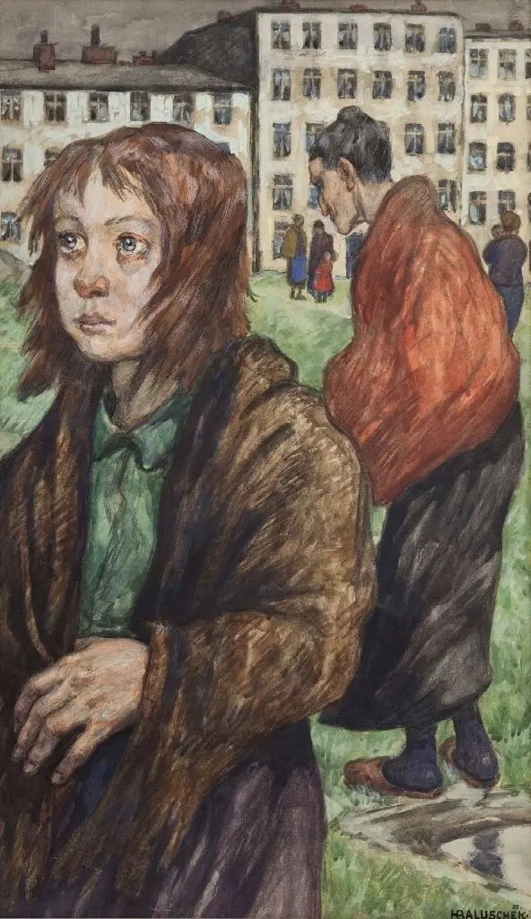 Hans Baluschek Arme Leute, o. J. Aquarell und Ölkreide auf Pappe Bröhan-Museum Foto: Martin Adam, Berlin „ZU WENIG PARFÜM, ZU VIEL PFÜTZE.“ HANS BALUSCHEK ZUM 150. GEBURTSTAG Ausstellung im Bröhan-Museum, Berlin (12. Mai bis 27. September 2020)