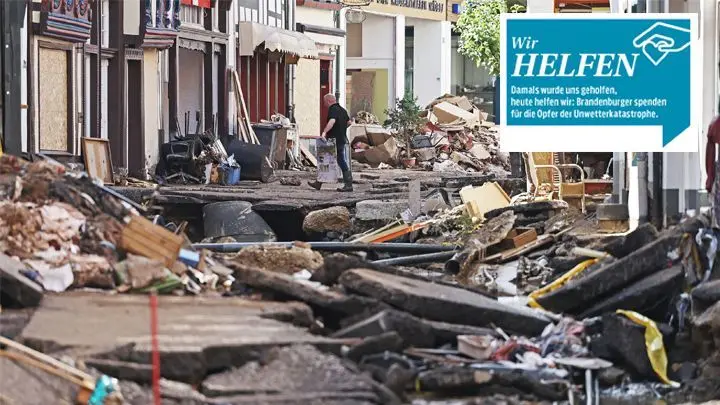 Spendenaktion „Wir helfen“ - Hilfe für die Katastrophen-Gebiete. Das Foto zeigt eine Straße in Schuld.