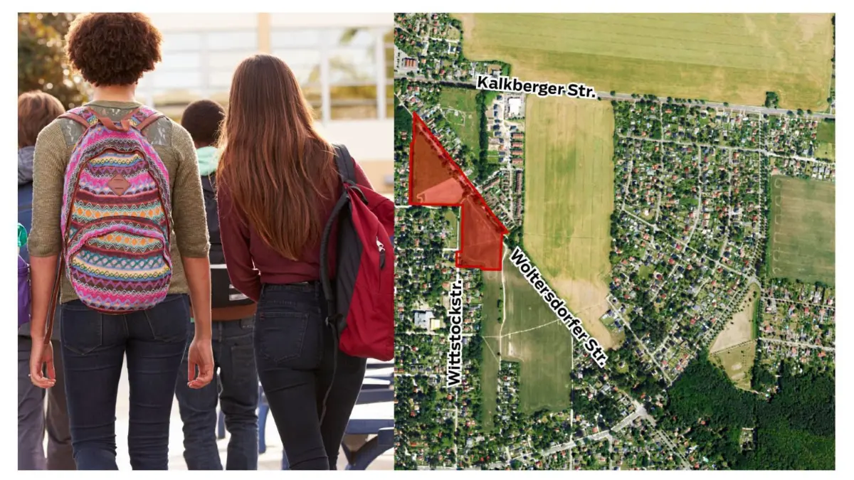 Das Gebiet zwischen Woltersdorfer Straße, Leipziger Straße und Wittstockstraße (rot) soll der neue Schulstandort des Gymnasiums mit Turnhalle und Außensportanlage in Schöneiche werden. Das Feld nördlich der Kalkberger Straße favorisieren die Kritiker.
Schöneiche, 16.11.2021 Einpflegedatum -
Bebauungsplan 25/19 „Weiterführende Schule Wittstockstraße/Woltersdorfer Straße“
Gemeinde Schöneiche bei Berlin
.
Es geht voran: Schöneiche plant mit dem Landkreis zwischen der Woltersdorfer Straße (nördöstlich