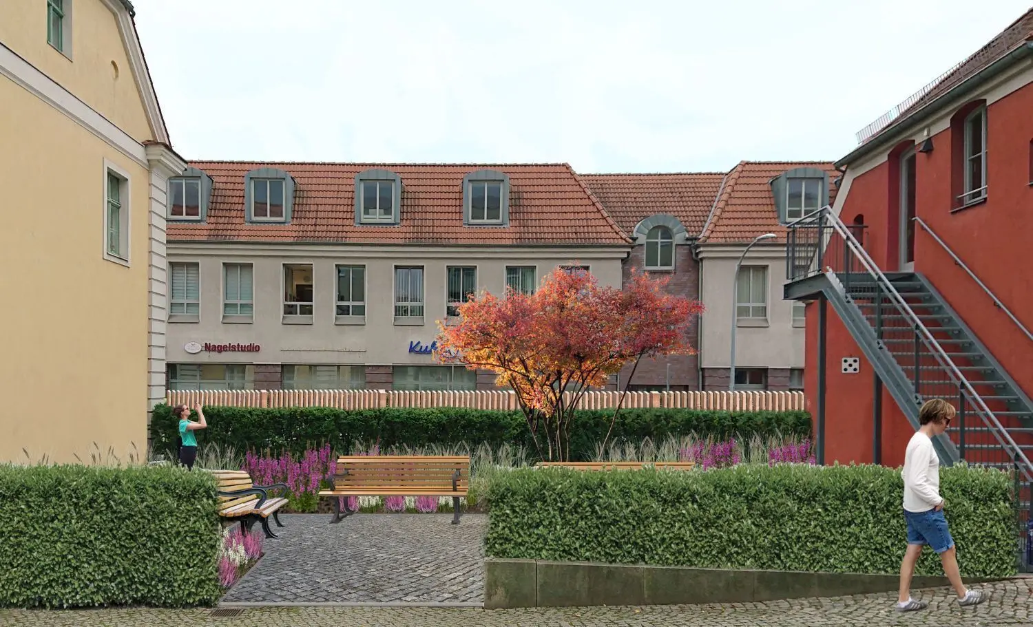 So stellen sich die Planer den Forstgarten auf: Die Fläche wird begrünt und mit drei Bänken und einem Baum zum Aufenthaltsort, der durch einen Holzzaun von der Sachsenhausener Straße abgeschirmt wird.