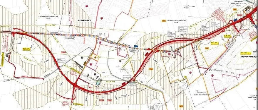 Der Plan für die Ortsumfahrung Schmerzke zwischen Gewerbegebiet Pieperfenn und Neujahrsgraben laut Landesamt für Bauen und Verkehr.