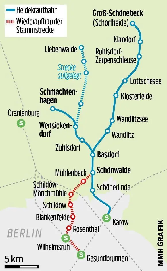 Die Trasse der Heidekrautbahn sowie der Verlauf der aufzubauenden Stammstrecke.