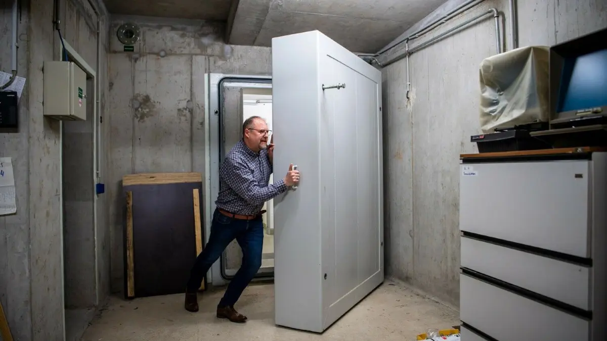 In ganz Deutschland machen sich Gemeinden und Privatleute auf die Suche nach Bunkern. Hier zeigt der Bürgermeister der niedersächsischen Gemeinde Saterland, Thomas Otto (parteilos), den Eingang zu den Schutzräumen im Keller des Rathauses.
PRODUKTION - 14.04.2022, Niedersachsen, Saterland: Thomas Otto (parteilos), Bürgermeister der Gemeinde Saterland, stemmt eine schwere Tür zu den entwidmeten Schutzräumen im Keller des Rathauses auf. Nach dem russischen Überfall auf die Ukraine geraten alte Bunker und öffentliche Zivilschutzeinrichtungen wieder mehr in den Blick. (zu dpa "Nach dem Überfall auf die Ukraine werden Rufe nach Bunkern lauter") Foto: Sina Schuldt/dpa +++ dpa-Bildfunk +++