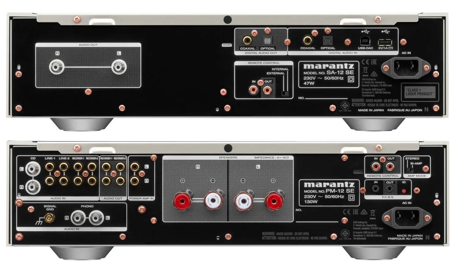 Digitale Eingänge satt. Der SA-12SE (oben) arbeitet auch als Hochleistungs-DAC, liefert Signale mit bis zu 32bit/192kHz an den Verstärker.
