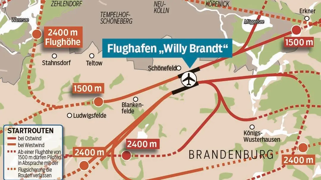 Die Abflugrouten am BER in Schönefeld. Sobald der Flugverkehr nach der Corona-Krise wieder zunimmt, wird es für zehntausende Menschen sehr laut.