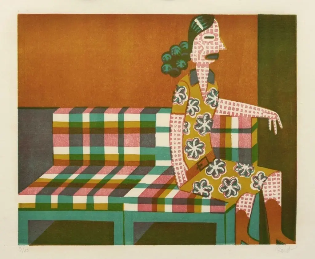 Knallbunt: Christoph Feists Frau auf karierter Bank ("ohne Titel", 2003)