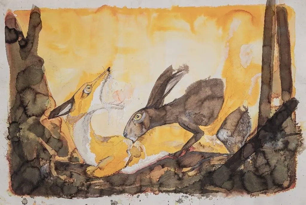 Tierisch: "Wie sich Fuchs und Hase gute Nacht sagen" (2016), Aquarell von Björn Krause
