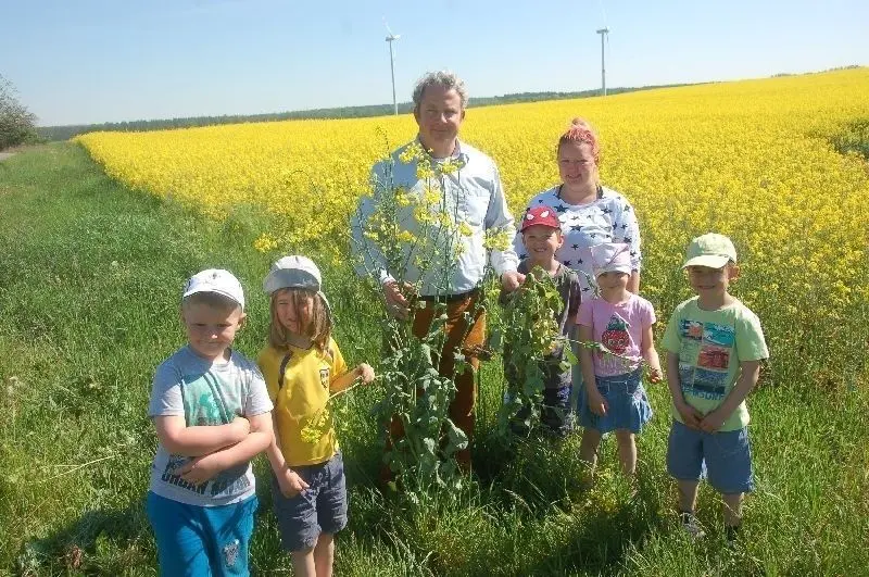 Auf dem Rapsfeld: Pflanzenschutzleiter Stefan Hollstein mit Kindern der Freudenberger Kita.