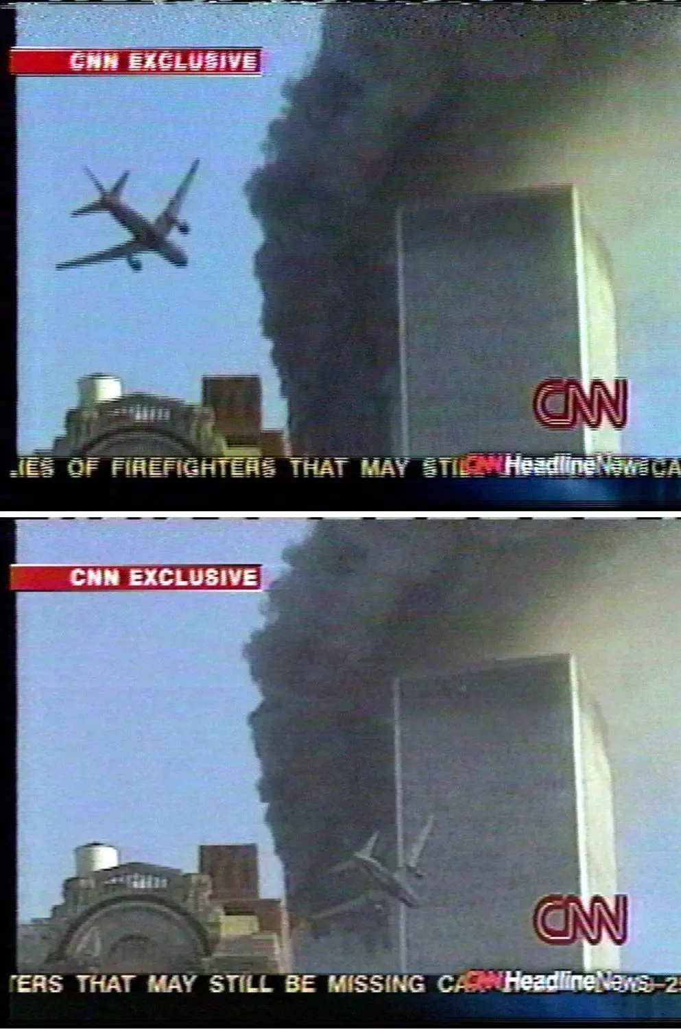 Livebilder zeigen in der Berichterstattung des Nachrichtensenders CNN den United Airlines Flug 175, der am 11. September 2001 auf den Südturm des World Trade Center zufliegt.