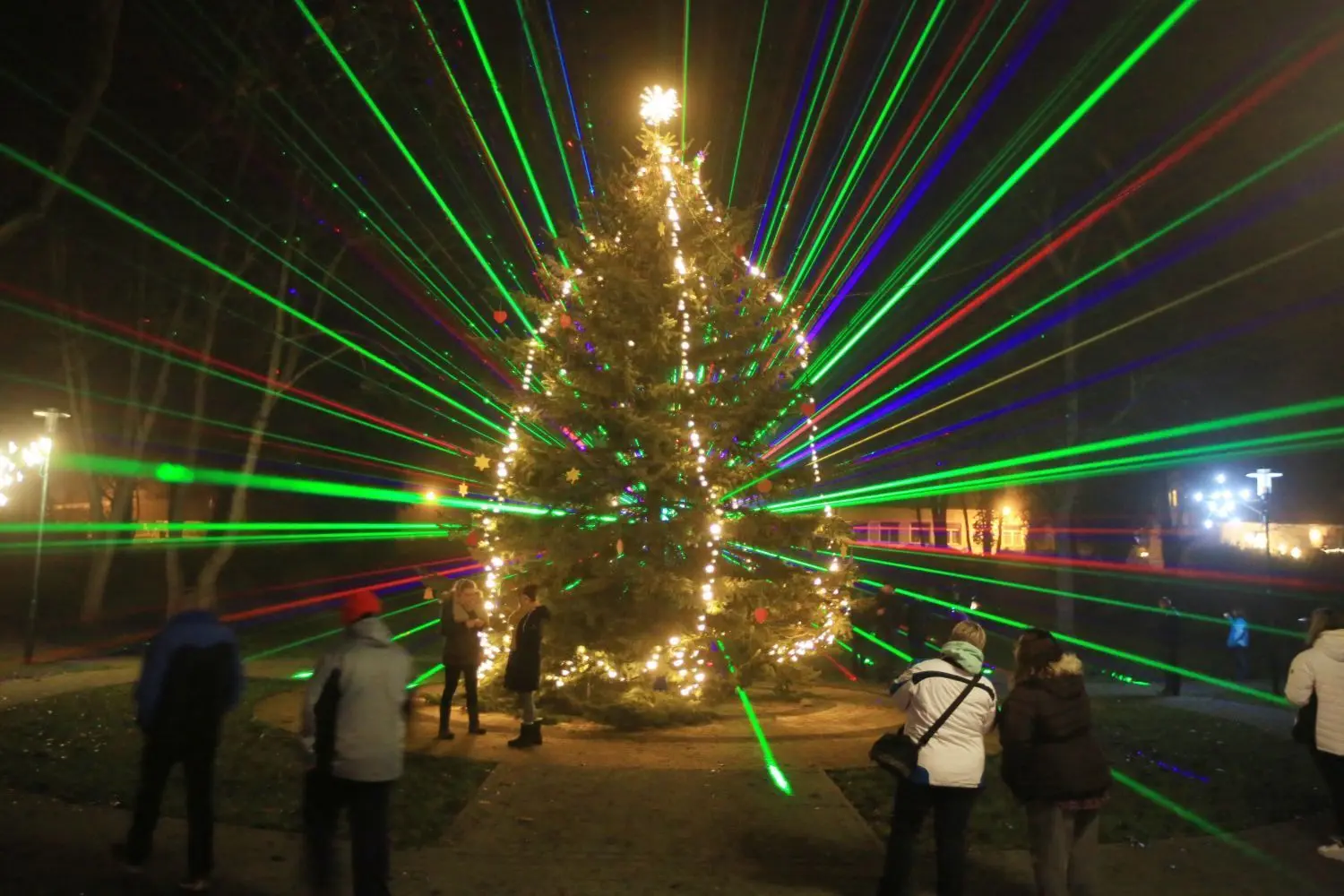 Laserstrahlen brechen sich am Weihnachtsbaum im Schlosspark von Lichterfelde.
