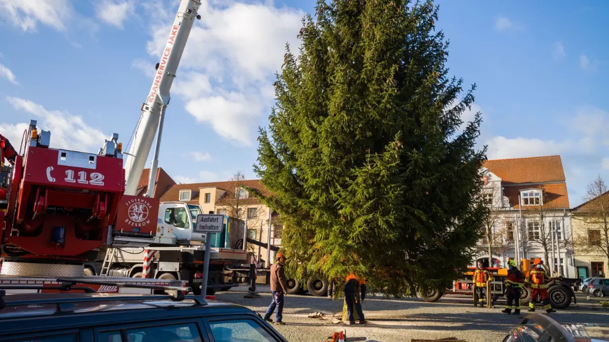 Die Baumspitze ist beim Verladen des Weihnachtsbaums in Wulfersdorf abgebrochen. Zimmermann und Feuerwehrleute schrauben die Spitze wieder an.
23.11.2020 Beeskow/Wulfersdorf, Weihnachtsbaum