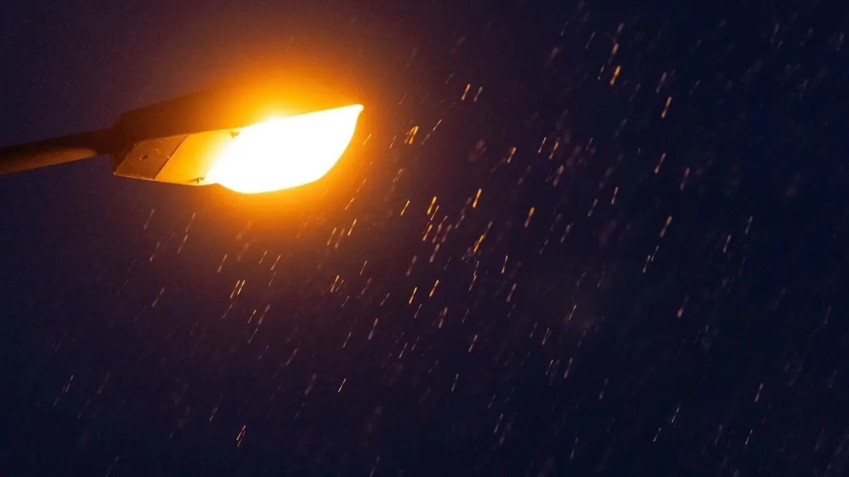 Straßenbeleuchtung ist teuer. Nicht nur Fredersdorf–Vogelsdorf kann davon ein Liedchen singen.
Regen fällt auf eine Straßenlampe. +++ dpa-Bildfunk +++