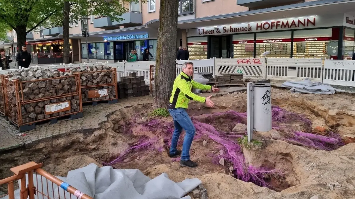 Nach dem Workshop zur Magistrale in Frankfurt (Oder) waren die Markierungen an den Wurzeln der Linde noch zu sehen. Baumgutachter Thomas Amtage erklärte den Interessierten seine Arbeit.
Baumgutachter Thomas Amtage erklärte den Menschen in Frankfurt (Oder) den Zustand der Linden und ihrer Wurzeln in der Magistrale.