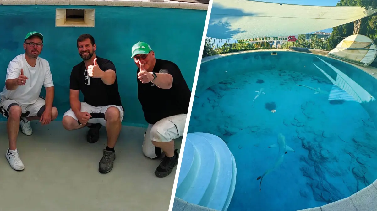 Das Team von Makrü-Bau aus Eisenhüttenstadt im Swimming-Pool der Geissens in Monaco. Ihre Mission lautet „Haifischbecken“.