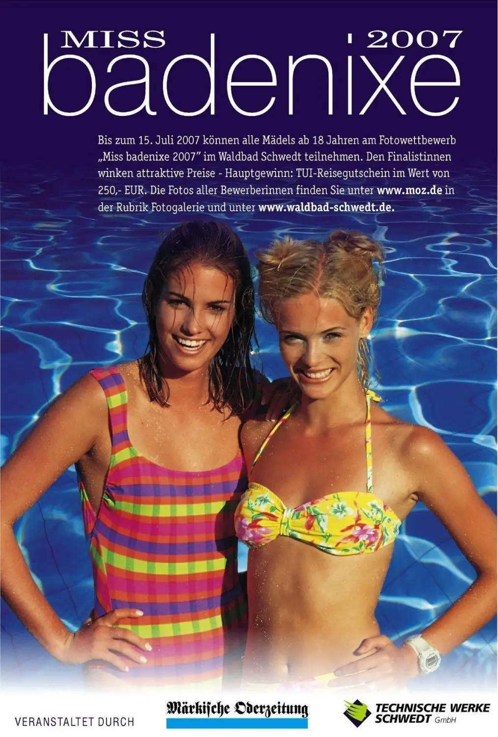 Plakat zum MOZ-Wettbewerb „Badenixe 2007“, für den Fotoshootings im Waldbad stattfanden.