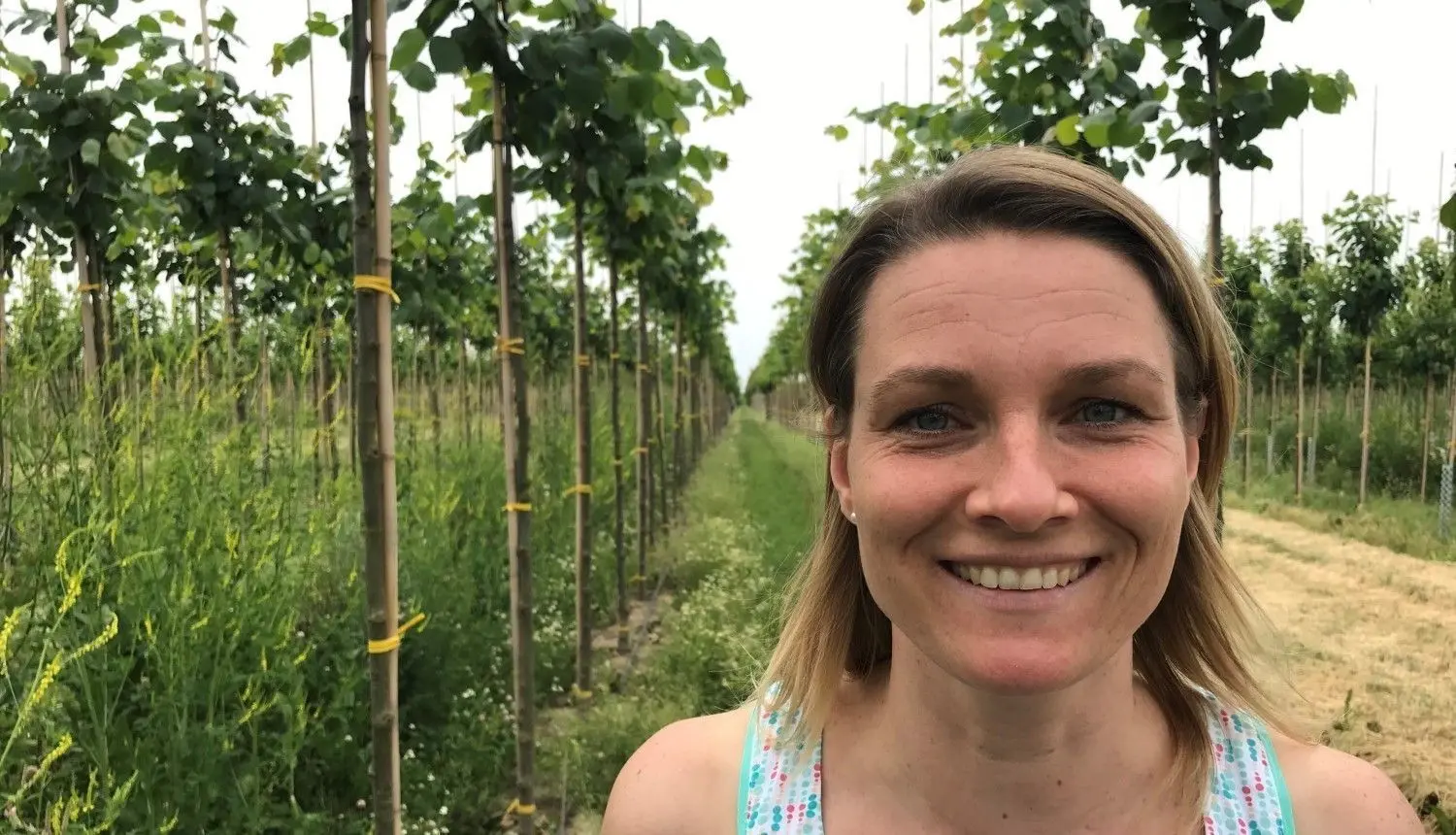 Antje Schüttig, Laborleiterin an der Humboldt Universität Berlin, neben den inzwischen sechs Jahre alten Holländischen Linden in der Baumschule Lorberg in Ketzin. Demnächst sollen sich die „in vitro“ gezüchteten Bäume im Straßeneinsatz bewähren.