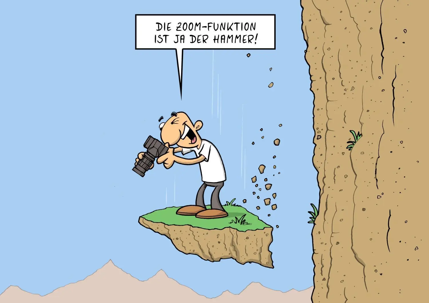 Die Ausstellung "Gegen den Strich" in der Rathaus Galerie Hoppegarten zeigt ab 8. September 2021 Werke des Cartoonisten Miguel Fernandez – darunter auch diesen enthusiastischen Hobbyfotografen.