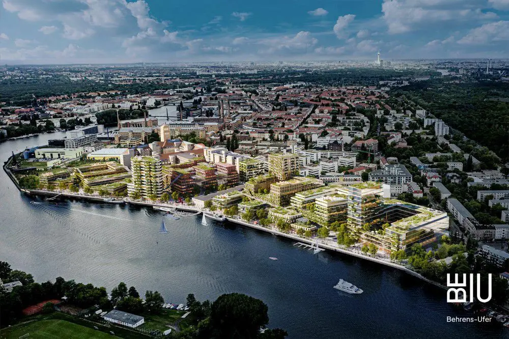 Visualisierung: Die städtebauliche Entwurfsansicht des „BE-U | Behrens-Ufer“ in Berlin-Oberschöneweide, Blick nach Nordwesten.