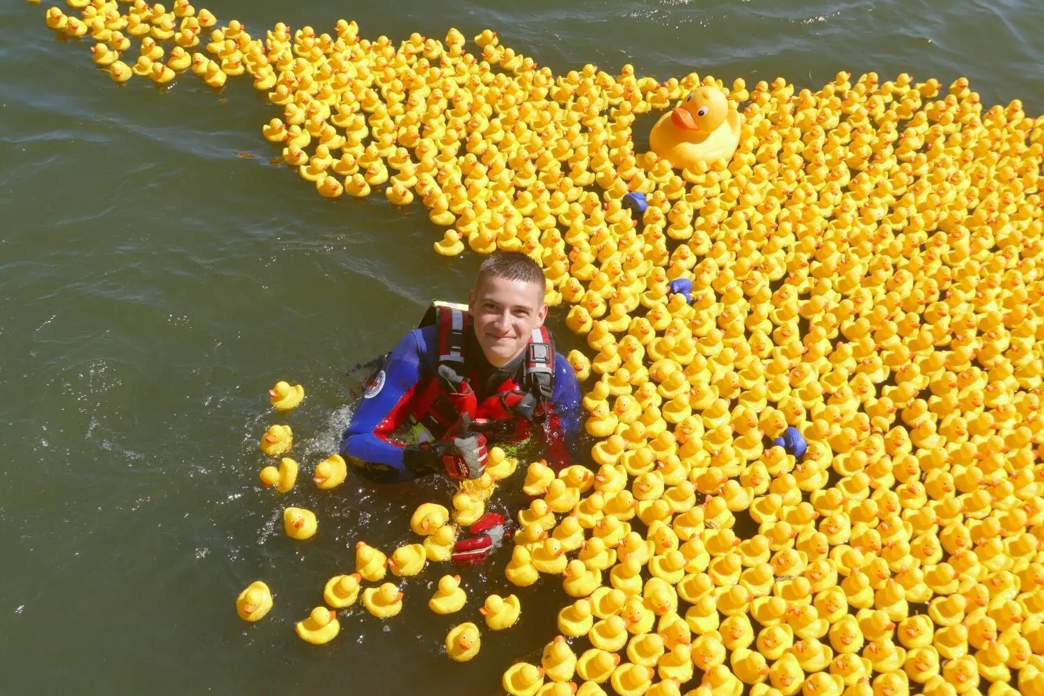 Wenn Laubbläser nicht halfen, um die Enten von der Stelle zu bewegen, sprangen Polizei und Wasserwacht auch mal in den Ruppiner See.