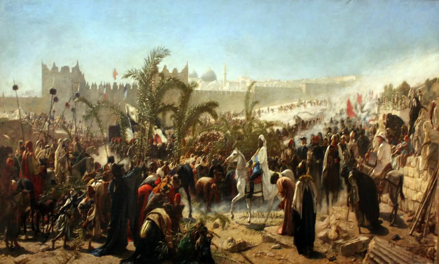 Historie trifft Exotismus und Orient-Phantasie: Wilhelm Gentz` monumentales Ölgemälde „Einzug des Kronprinzen Friedrich Wilhelm von Preußen in Jerusalem 1869“ von 1876 misst 131 x 258 cm. Rechts im Bild porträtierte der Maler sich selbst als Reiter.