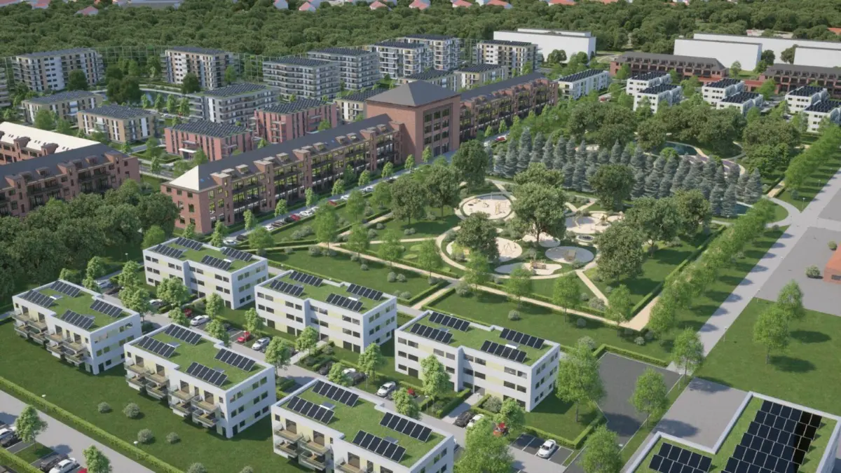 So soll sie einst aussehen, die „Gartenstadt Bernau“ an der Schwanebecker Chaussee. Jetzt gibt es Streit um die Frage, ob die Parkplätze über oder unter die Erde gebaut werden.
So soll sie einst aussehen, die "Gartenstadt Bernau" an der Schwanebecker Chaussee. Ob das Projekt Wirklichkeit wird, steht aber noch nicht fest.